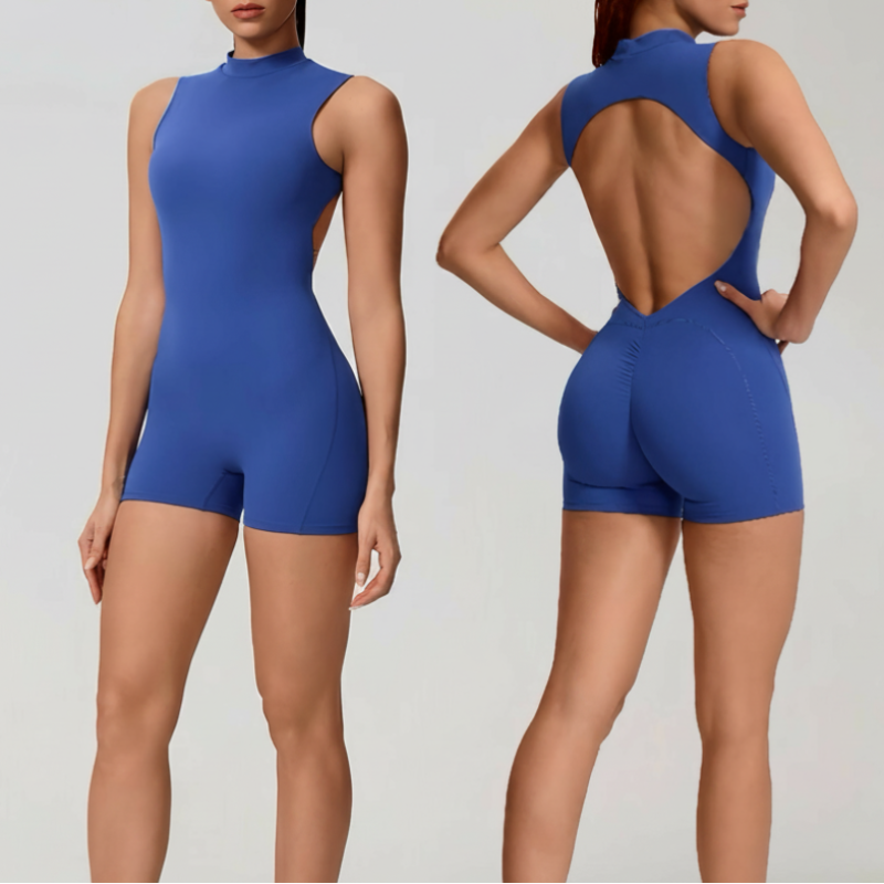 Blue sleeveless romper worn by a model on a plain background