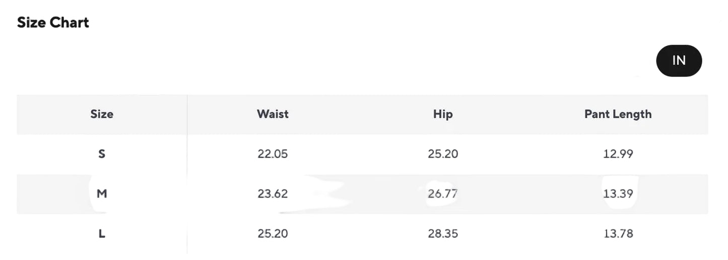 Size chart for pants with measurements in inches 
