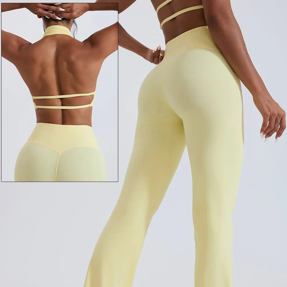 Yellow athletic outfit with a focus on the back and side view on a plain background