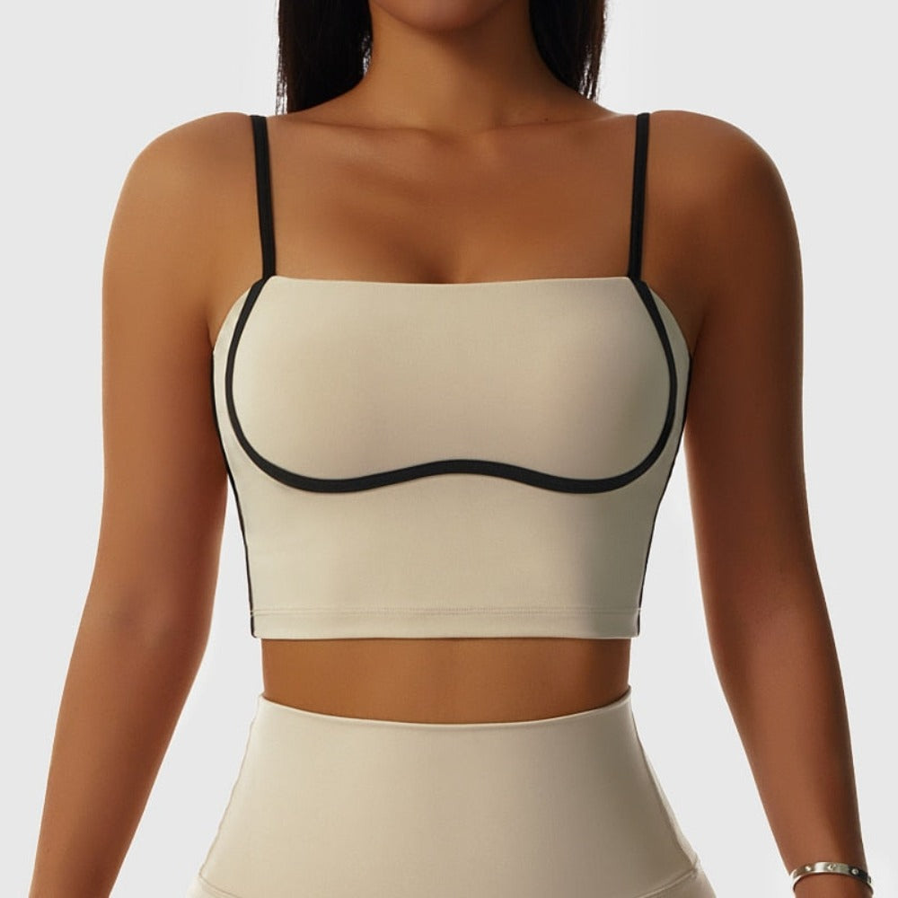 Active Sports top featuring thin straps, two tone piping (black on beige) design crop top. Sleevless